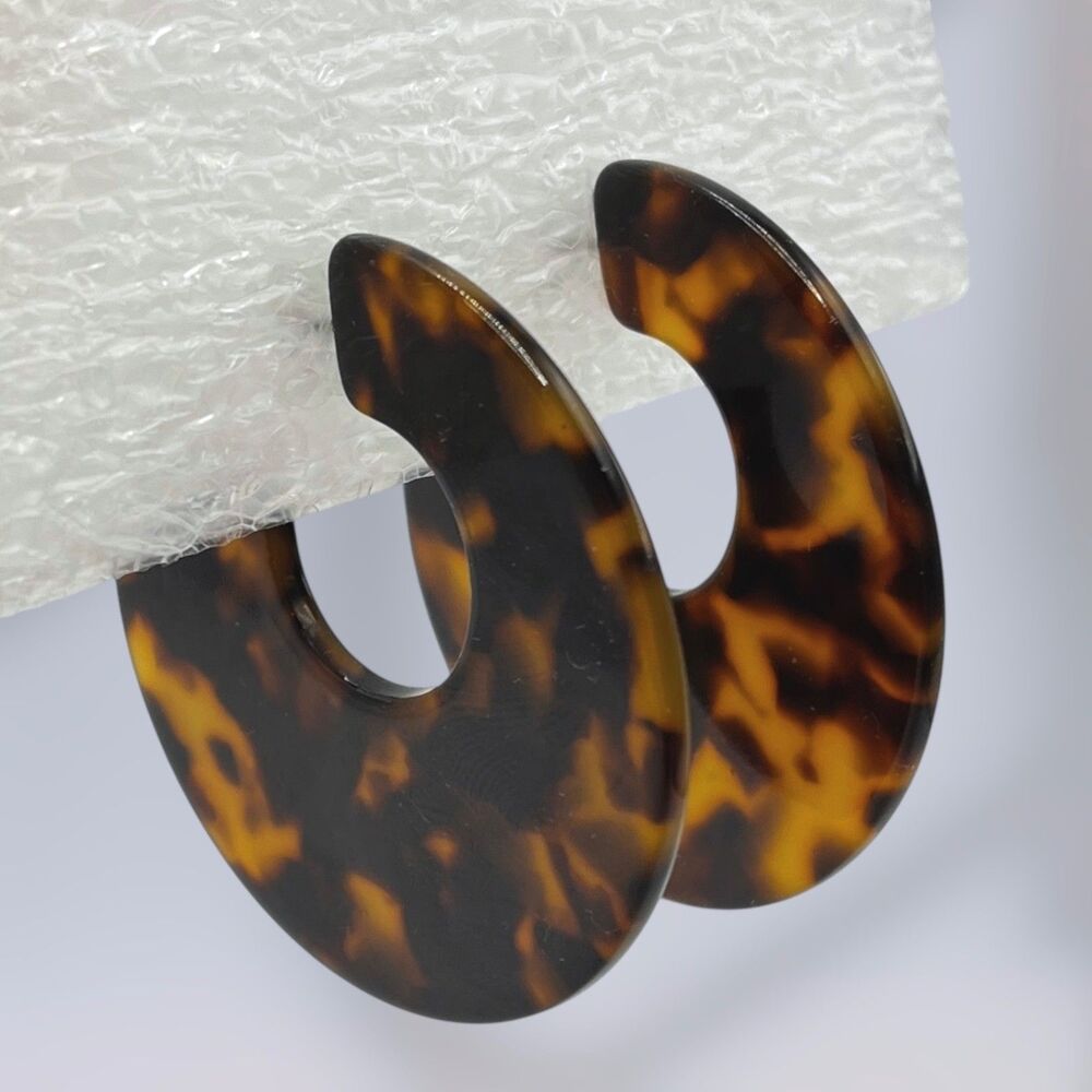 Tortoise Shell Print Acrylic Hoop Earrings Large Statement Boho Hippie Festival - Picture 2 of 7